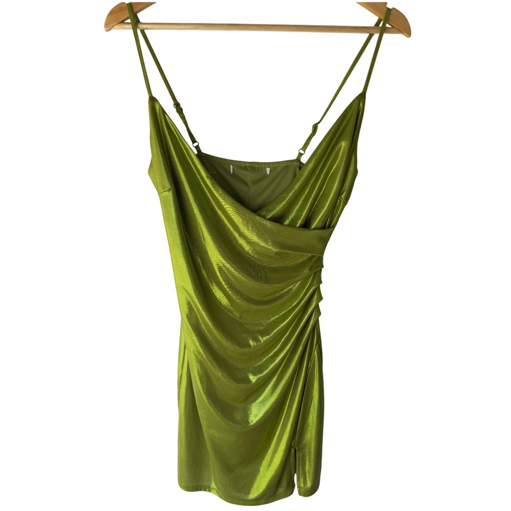 Tinkerbell Dress Lime Green Metallic Cowl Neck Ruched Bodycon Party Y2K Small